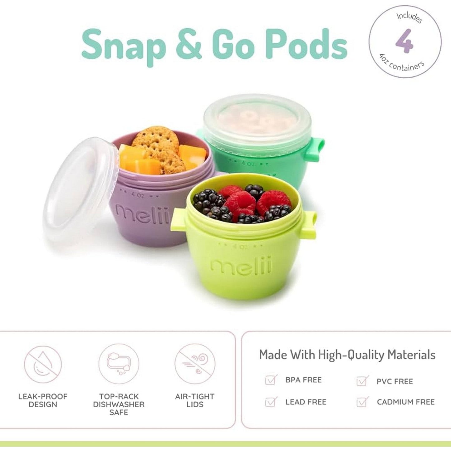 Melii SILICONE Snap & Go Pods (4oz) - 4 piece set Multicolor - 3 to 24 Months