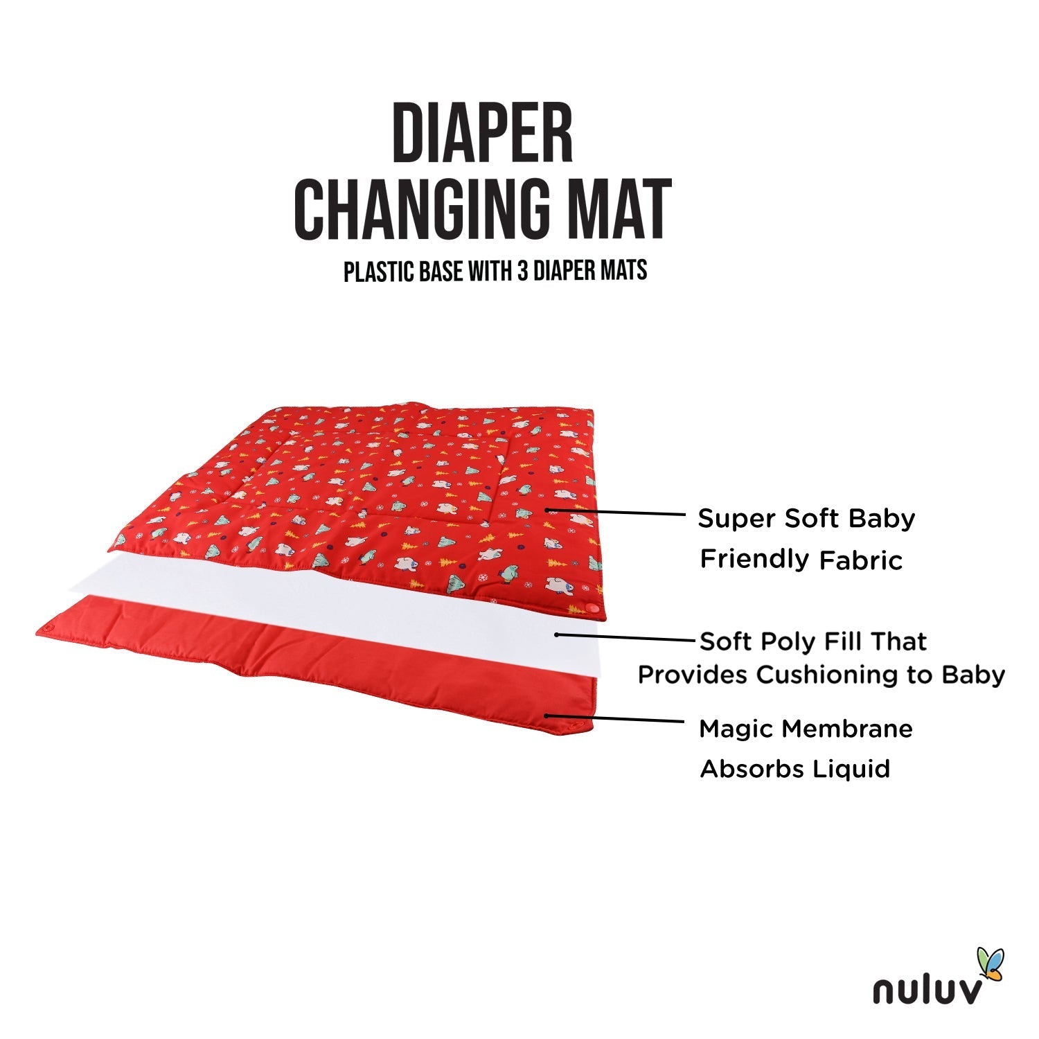 Red Diaper Changing Mat ( plastic base with 3 diaper mats ) 100 % Organic Cotton with Antimicrobial Finish - Toys4All.in