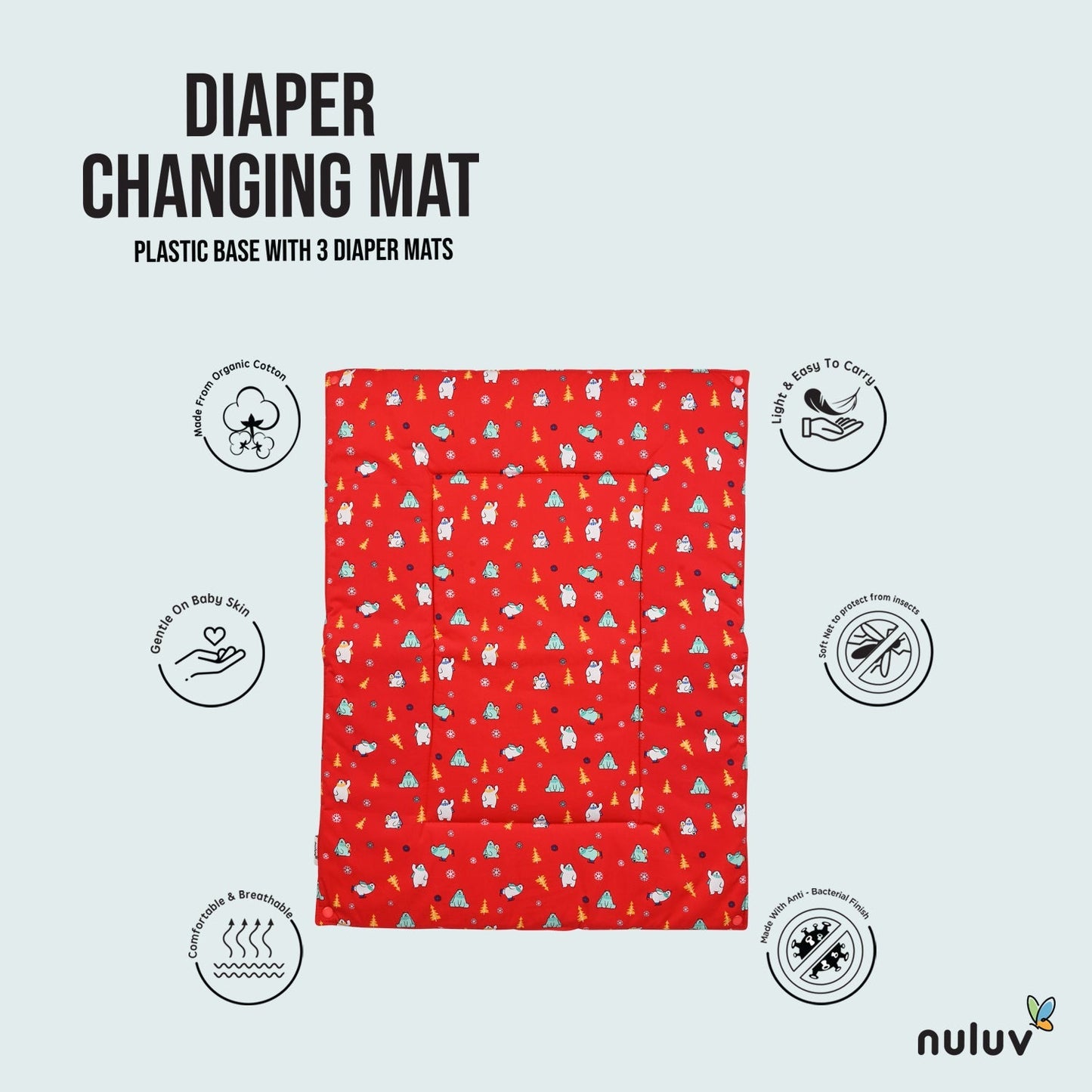 Red Diaper Changing Mat ( plastic base with 3 diaper mats ) 100 % Organic Cotton with Antimicrobial Finish - Toys4All.in